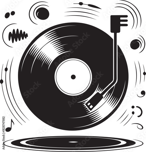 Vintage Vinyl Record Player Illustration with Musical Notes and Waves