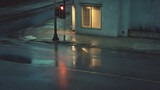 A minimal street corner with a lone stoplight reflected faintly on wet pavement under subtle ambient lighting