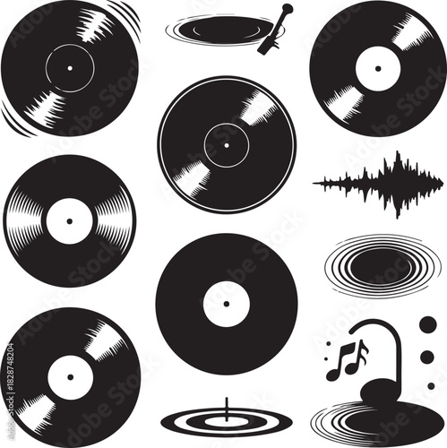 Vinyl Record Collection Black and White Music Sound Wave Illustration Set