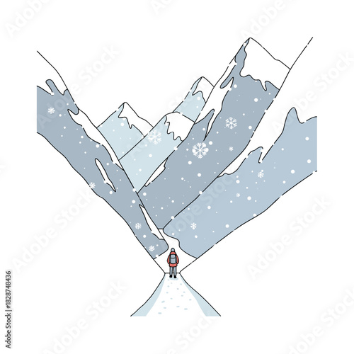 Man walking on snowy path between mountains in winter landscape  