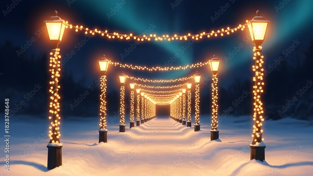 Fototapeta premium Enchanting winter pathway illuminated by festive lights creating a magical and warm ambiance under the northern lights display