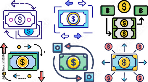 Money transfer payment exchange icons set with cash flow for banking, finance transaction and business