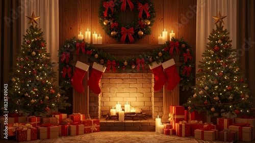 Wallpaper Mural Warm and cozy christmas fireplace scene with decorated trees stockings wreath and presents for a festive holiday celebration Torontodigital.ca