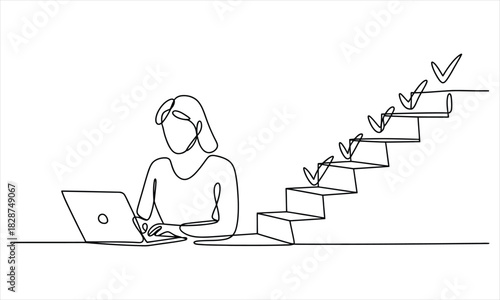 Continuous line depicts a woman using laptop with staircase and checkmarks showing achievement
