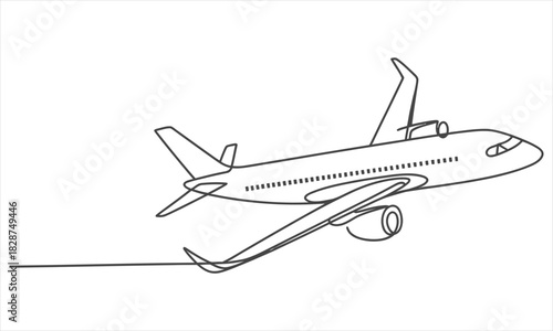 Continuous line drawing shows an airplane flying, its sleek design simplified on a transparent background