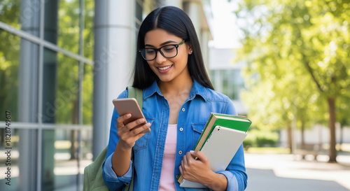 Happy Indian Student Using Phone on Campus