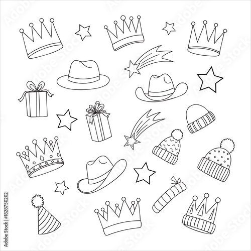 Hand drawn collection of crowns hats stars gifts and beanies on white background vector