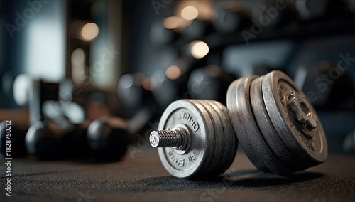 Close-up of two weights resting on a surface. In the blurred background, more weights. Gym scene