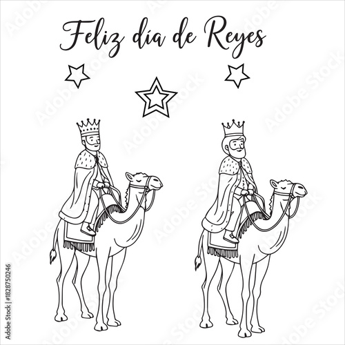 Feliz dia de Reyes illustration with two kings riding camels and stars magi