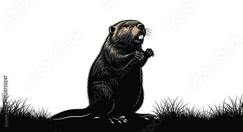 North american beaver standing on hind legs, showcasing its rodent features, isolated on white background