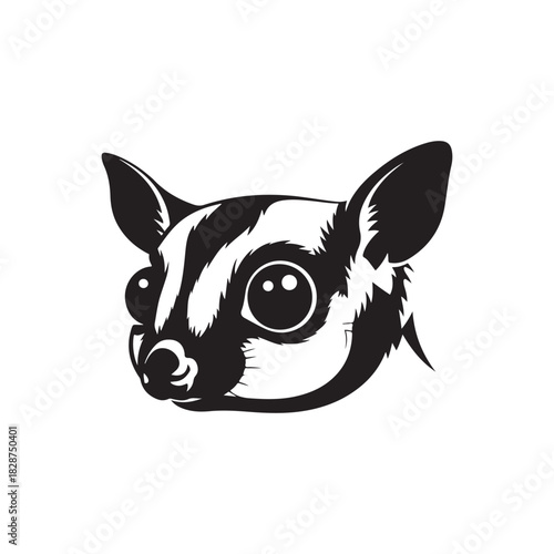 Black and White Sugar Glider Head Vector: Cute Marsupial Portrait with Large Eyes and Stripes - Pet, Exotic Animal, and Australian Wildlife Logo Graphic Element Illustration