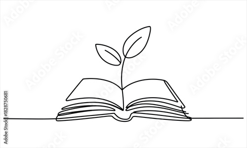 Continuous single line drawing shows sprout growing from an open book on white