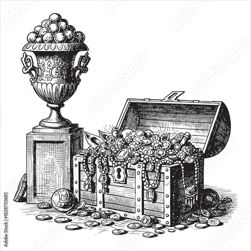 Open treasure chest overflowing with gold coins jewels and a large ornate urn filled with spheres on a pedestal