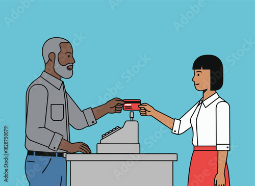 Customer making contactless payment with credit card at store