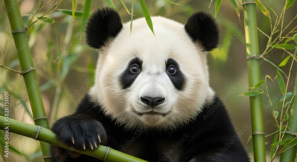 Obraz premium Cute Panda Sitting Among Fresh Green Bamboo 