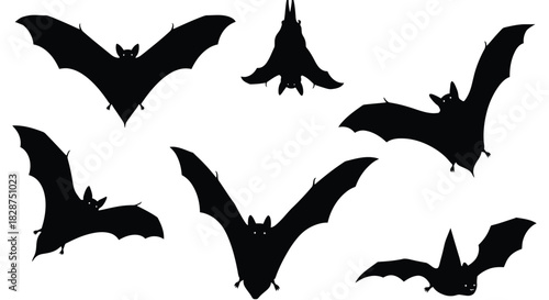 Set of black bat silhouettes in various flying and hanging poses, ideal for halloween