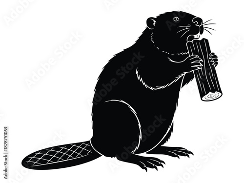 Black silhouette of a beaver holding a log, a symbol of nature and industry
