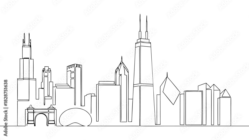 Fototapeta premium Modern metropolis continuous line art drawing capturing urban architecture and a vibrant city skyline illustration