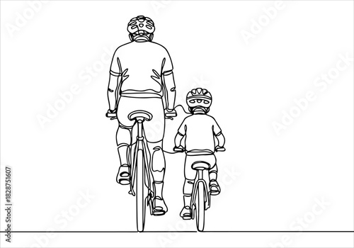 Continuous line art drawing of a parent and child cycling together, symbolizing family connection and shared outdoor adventure