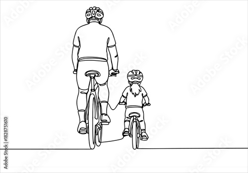 Continuous line art drawing showcasing a parent and child cycling, symbolizing guidance and shared journey