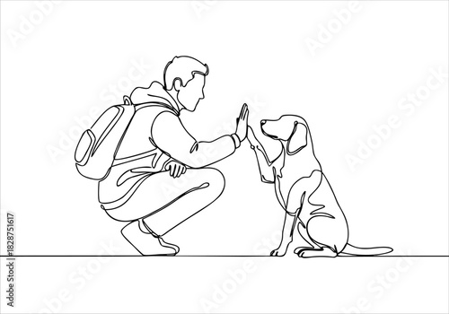 A continuous line art drawing depicting human-canine bond, a high five gesture of friendship and trust