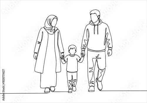 A beautiful continuous line art drawing depicting a happy family walking together, holding hands, showcasing unity and love