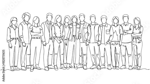 Continuous Line Art Drawing Depicting a Diverse Group of Individuals Standing Together