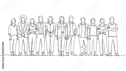 Continuous line art drawing featuring a diverse group of people standing together, showcasing unity and collaboration