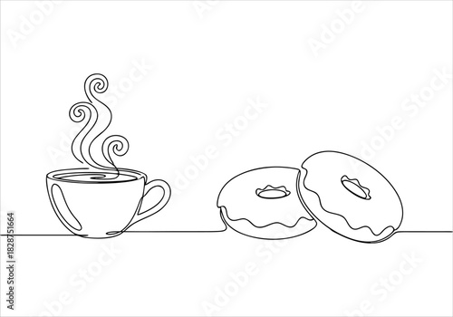 Minimalist continuous line art drawing showcasing a steaming coffee cup and two delicious donuts