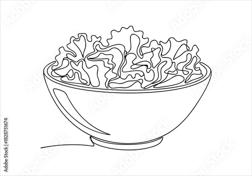 Continuous line art drawing of a fresh green lettuce salad in a bowl, minimalist vector illustration