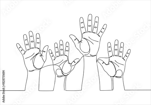 Continuous line art drawing showcasing diverse hands raised in unity, symbolizing community support and participation