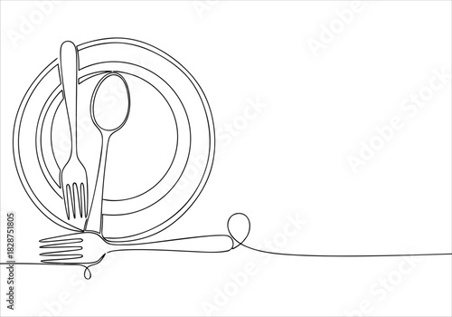 Continuous line art drawing featuring elegant dining cutlery on a plate, minimalist design for culinary concepts and restaurant branding