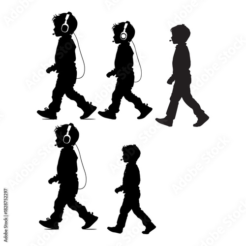 silhouette little boy walking listening to headset black color only