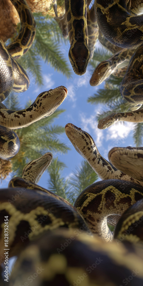 Fototapeta premium A close-up photograph of 40 anacondas coiled together, forming a pattern on a phone wallpaper, with the camera positioned above, focusing on the snakes and the sky The snakes display a - AI-Generated