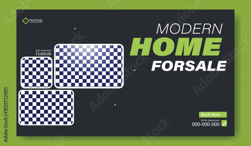 Modern home for sale with stylish black and white checkered pattern accents and green text