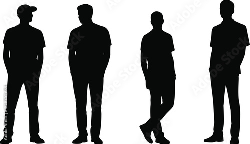Standing silhouette vector illustration, casual posture diversity, black outline figures, relaxed stance design, minimalist fashion, stock artwork