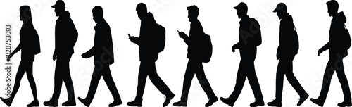 Walking silhouette vector illustration, motion sequence design, black outline figures, human gait study, minimalist style, stock artwork
