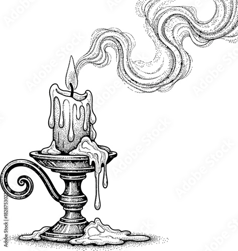 A lit candle in an ornate holder with smoke curling from the flame, hand-drawn illustration