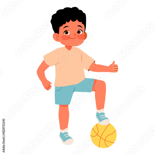 Smiling cartoon boy in shorts with one foot on a ball, showing a thumbs up gesture, perfect for kids and sports themes.