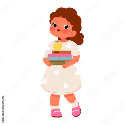 Adorable cartoon girl in a heart dress holding a stack of books with an apple, perfect for school or education themes.