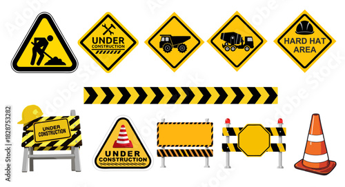Vector set of under construction and work in progress signs. Includes road signs, caution cones, barriers, heavy equipment (truck, cement mixer), and hard hat area symbols. Essential for safety, build