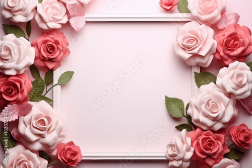A beautiful arrangement of pink and red roses framing a blank space, perfect for invitations or decorative purposes.