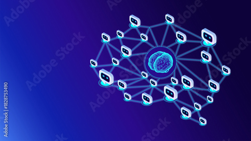 AI Orchestrator concept - AI digital brain controls multi AI agents system - isometric technology infographic vector for business technology enterprise presentations