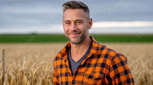 Male farmer wearing an orange and black checkered shirt, standing confidently in a golden wheat field, with a serene landscape and cloudy sky in the background, embodying rural lifestyle and agricultu