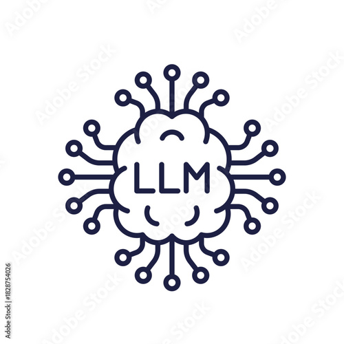 LLM icon, Large Language Model line design with brain