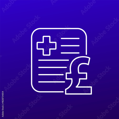 medical bill icon, healthcare costs line design with pound