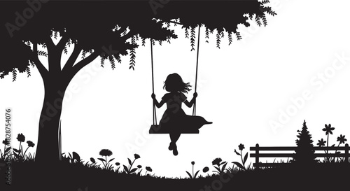 Girl on Swing Under Tree Silhouette in Peaceful Garden Scene