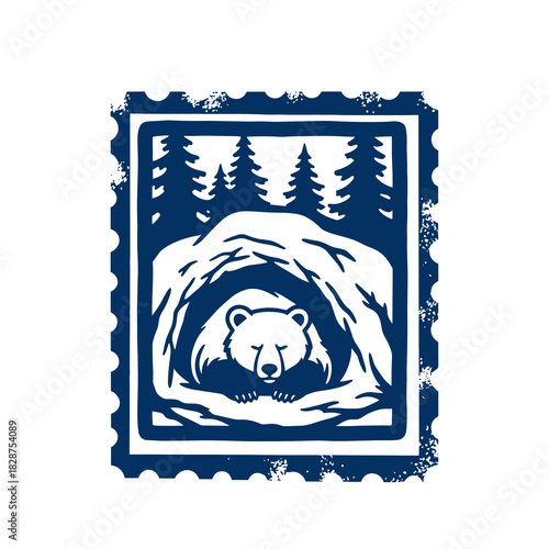 Bear hibernating in a den among snowy trees in winter landscape  