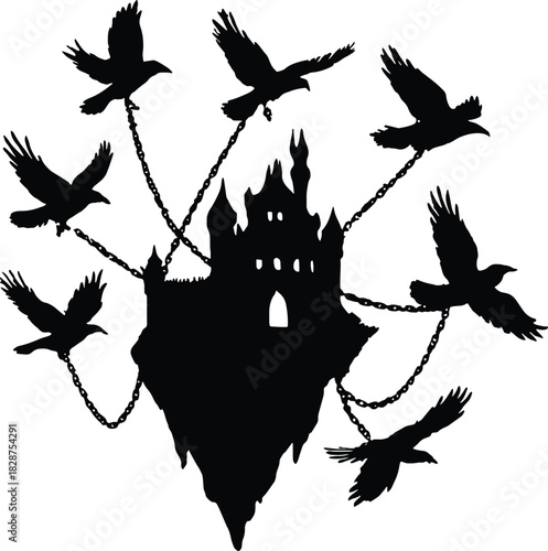 Floating Castle Silhouette with Flying Ravens