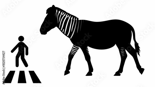 Striking zebra horse blend with crossing pedestrian, a unique creative design for brands seeking bold statement, animal motif and symbolic urban visuals